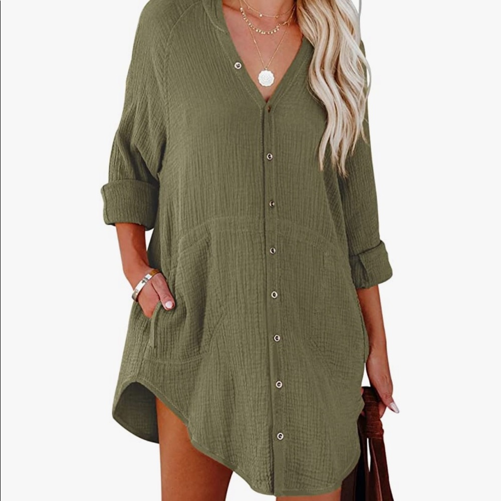KENNEDY COTTON POCKETED BUTTON DOWN TUNIC - ARMY GREEN